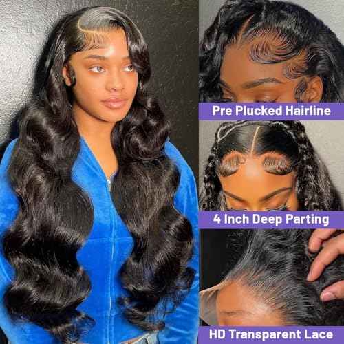 28 Inch Body Wave Lace Front Wigs Human Hair Pre Plucked 200 Density 13x4 HD Lace Front Wigs with Baby Hair Frontal Wigs Human Hair for Women Natural Black