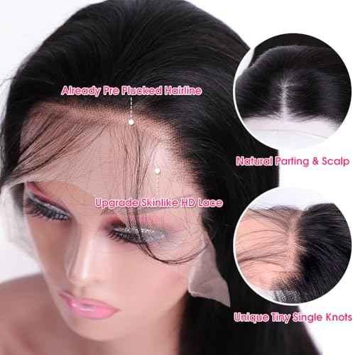 Wingirl 13x6 Body Wave Lace Front Wigs Human Hair Pre Plucked 180 Density HD Transparent Full Lace Frontal Wigs Human Hair for Women Natural Black Color 20Inch