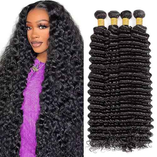 Deep Wave Bundles Human Hair 16 18 20 22 Inch Human Hair Bundles For Women 100% Unprocessed Deep Culy 12A Quick Weave 4 Bundles Deals Natural Color 400G (Deep Wave Bundles, 16182022 Inch)