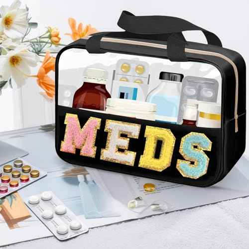 Chenille Letter MEDS Bag Clear Medical Medicine bag for Traveling Preppy Emergency Patch Bag with Handle and Zipper Waterproof Nylon Portable Makeup Bag for Women