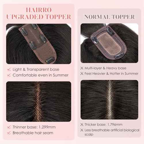 Hairro Human Hair Topper with Wispy Bangs, Clips on 360¡Æ 3D Cover Real Hairpieces Lightweight, 2.25"x6" Base for Women with High Hairline/Thinning Hair, 12 Inch Natural Black Bangs