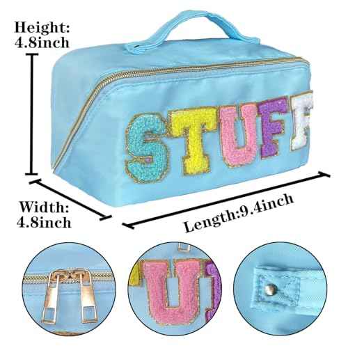 Stoney Clover Dupes Preppy Makeup Bag - Blue Chenille Letter Bag for Travel - Large Capacity Nylon Pouch with Flat Open Design