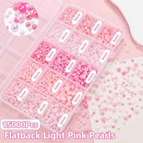 15000 Pcs Pink Flatback Pearls for Crafting, Assorted Size 3/4/6mm Half Pearls Bedazzling ABS Pearl Beads Gems for Nails Art DIY Crafts Face Makeup with Pickup Pencil Tweezer