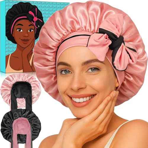 Atgdluk¢ç Reversible Silk Bonnet for Sleeping Women - Double Layer & Color Satin Bonnet, Adjustable Hair Cap for Curly & Textured Hair (Pink & Black)
