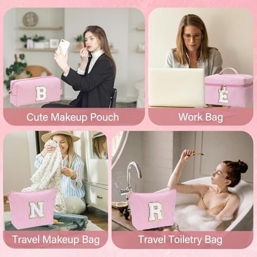 Personalized Monogram Makeup Bag, 3PCS Custom Monogrammed Toiletry Cosmetic Bag for 6-18 Teen Girls Women,Birthday Graduation Gifts Initial Pouch Makeup Bags for Women Girls, Make Up Bag (A, Pink)