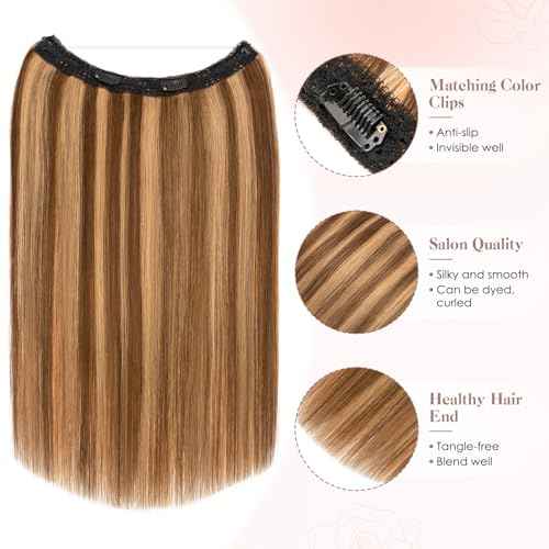 S-noilite Halo Hair Extension Invisible Wire in Real Remy Human Hair Extensions with Clips Adjustable Hidden Wire in Hair Extension for Women 16 inch Medium Brown Highlighted Honey Blonde