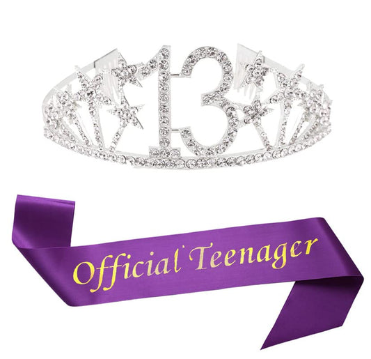 Happy 13th Birthday Tiara and Sash Gifts Crystal Rhinestone Princess Crown Birthday Girl Party Favor Supplies Silver Crowns Purple Sash