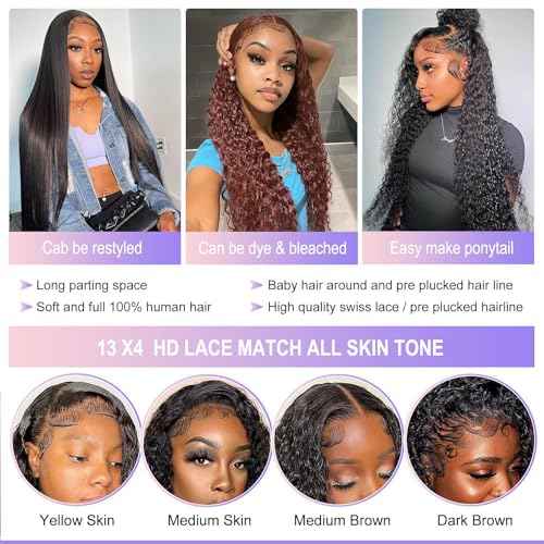 ALEPAZ 13x4 Deep Wave Lace Front Wig - Human Hair, 28 inch Curly Lace Frontal Glueless Wig with Baby Hair