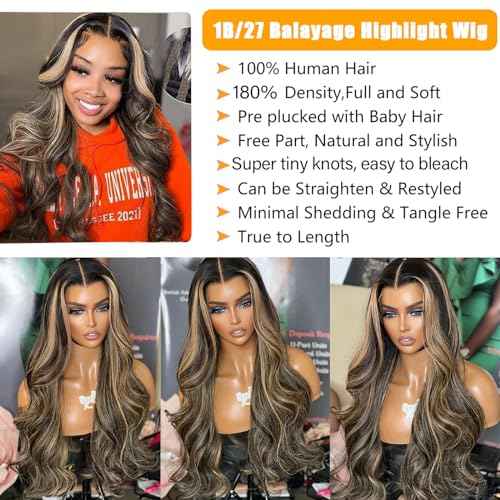 13x4 FB/27 Balayage Highlight Lace Front Wig Human Hair Pre Plucked 180 density Body Wave Wigs Human Hair for Women 18inch Ombre HD Lace Front Wig