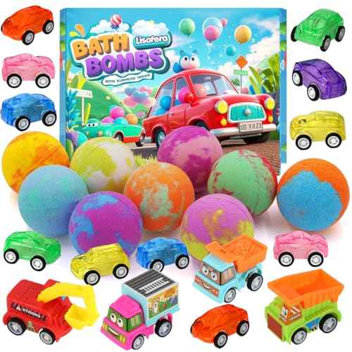 Bath Bombs for Kids with Toys Inside, Kids Bath Bombs for Boys Girls, 9-Piece Bathbomb Set Includes 9 Pull-Back Cars and 3 Vehicles, Halloween Christmas Birthday Easter Gift Set for Children