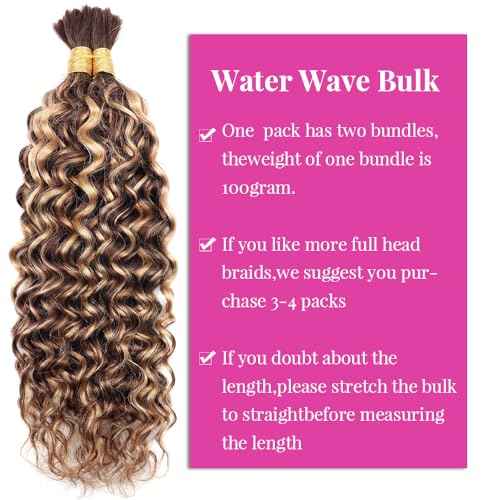 Water Wave Bulk Human Hair for Braiding #T4/P4/27 No Weft Curly Wet and Wavy 100% Unprocessed Brazilian Virgin for Boho Braids 2 Bundles/Pack (24inch 100g)