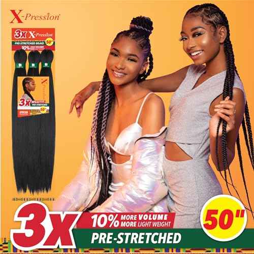 Sensationnel X-pression prestretched braiding hair - 3x braid 50 inch all kanekalon flame retardant synthetic braid for box braids and twists (1 pack, 1B OFFBLACK)