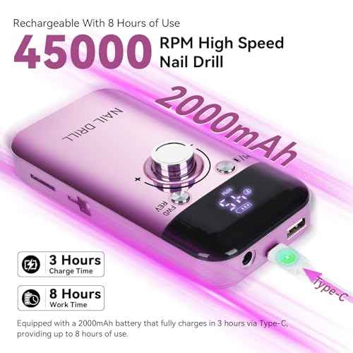 Vrenmol Electric Nail Drill Professional 45000RPM: Rechargeable Nail Drill Kit Portable Electric Nail File with Complete Bits for Acrylic Nails Gel Polishing Removing 2000mAh Nail Drill Machine Salons