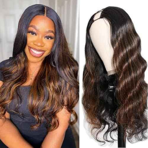 V Part Wig Human Hair Body Wave 1B/30 Highlight Ombre Wigs for Black Women Wear and Go Glueless Human Hair Wig Upgrade U Part Wigs No Sew in No Glue Beginner Friendly 180% Density 18 inch