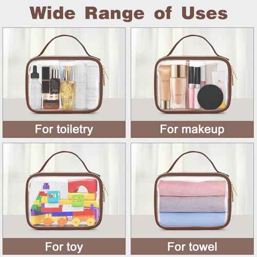 Wedama TSA Approved Toiletry Bag, 2 Pack Clear Makeup Bags with Handles, Quart Size PVC Clear Cosmetic Bags for Women and Men, Carry on Airport Airline Compliant Bag, Brown
