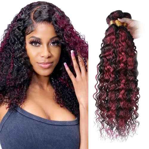 26 28 30 inch Human Hair Bundles P1B/99J Deep Wave Human Hair Bundles Brazilian Unprocessed Virgin Hair 3 Bundles Two Tone Black Mixed With Burgundy Quick Weave for Black Women