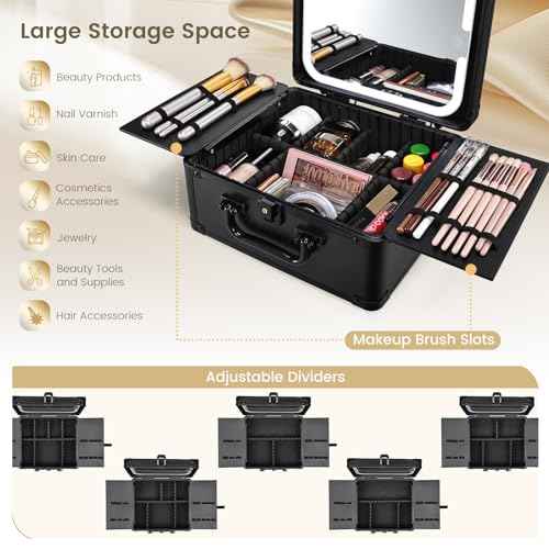 Makeup Case with Magnetic Lighted Mirror Makeup Organizer Box Travel Cosmetic Case with 3 Colors LED Mirror Portable Vanity Make up Suitcase with Lockable Keys Dividers Brush Holder, Black