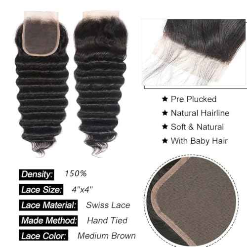 Loose Deep Wave Bundles with Closure(16 18 20+14 Inch,Free Part) Human Hair Pre Plucked with Baby Hair 12A Loose Wave Bundles and Closure Unprocessed Human Hair Deep Curly Closure with Bundles