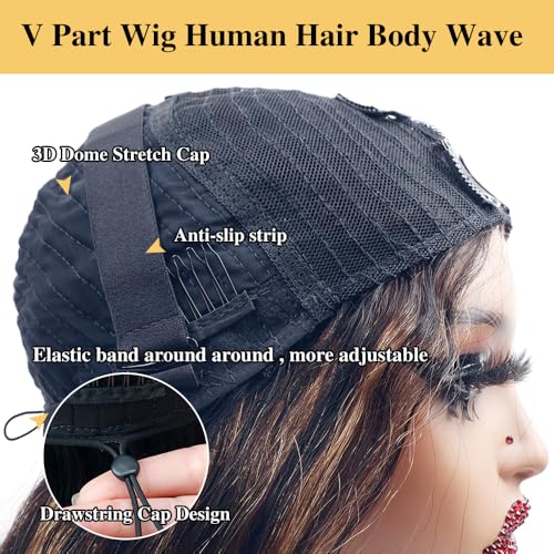Xagujpo #FB30 Ombre Brown Body Wave V Part Wigs Human Hair Upgrade U Part Human Hair Wigs for Black Women Balayage Highlight Glueless U Part Wig No Sew In 180% Density 20inch