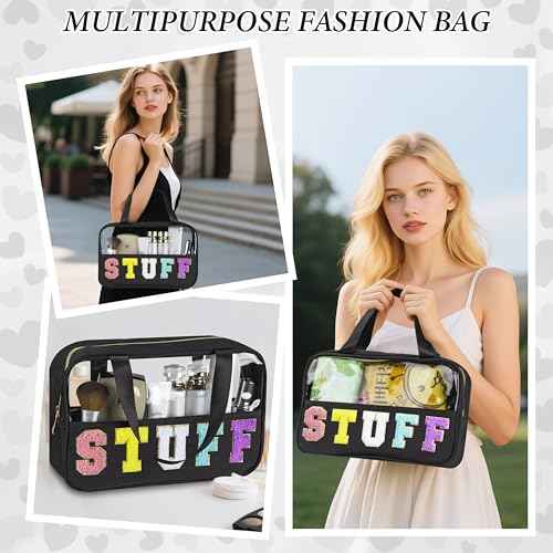 Snack Bag for Travel, Chenille Letter Clear Makeup Bag, 11.8" x 7.9" Nylon & PVC Waterproof Cosmetic Pouch with Handle and Zipper, Cute Preppy Storage Organizer Pouches for Women Girls (Stuff Black)