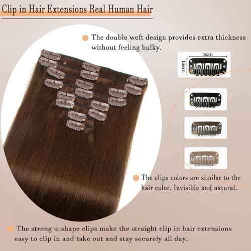 Clip in Hair Extensions Chocolate Medium Brown Real Human Hair Straight 24 Inch 7pcs 120g Clip ins Hair Extensions Brazilian Remy Human Hair 16 Clips Double Weft Human Hair For Women