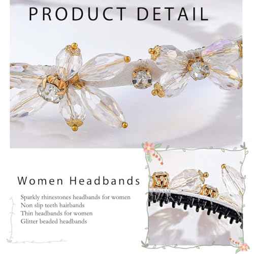 Thin Rhinestones Headband Blue Crystal Hair Bands Sparkle Beaded Head Bands for Women(Type A) (White)