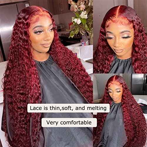 Burbundy 99j Deep Wave Curly Lace Front Wigs Human Hair Pre Plucked Red Colored Hd 13x4 Lace Frontal Wigs for Black Women Wig(99J, 28 Inch)