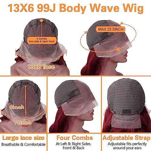 99j Burgundy Lace Front Wigs Human Hair Pre Plucked 13x6 Lace Frontal Human Hair Wigs for Black Women Body Wave Glueless Human Hair Wig 180% Density Pre Plucked Bleached Knots with Baby Hair £¨26 Inch£©