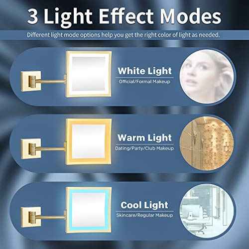 DOWRY Wall Mounted LED Lighted 5X Magnifying Square Makeup Mirror with Plug,8 Inch, Polished Gold Finished Dowry1802D-8x5