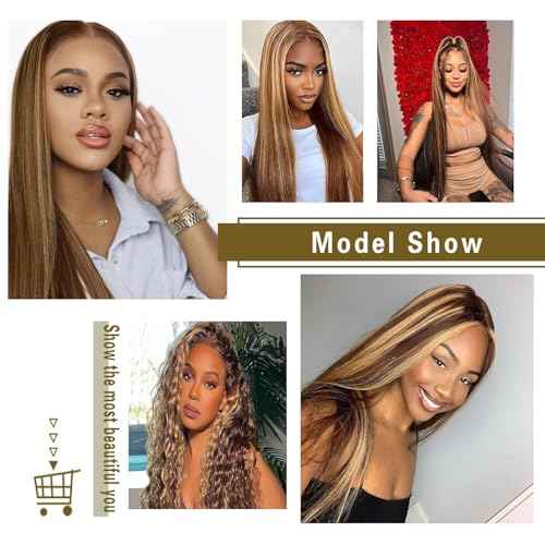 Highlight Ombre Bundles with Lace Closure Brazilian Straight Brown Blonde Highlight 3 Bundle with 4X4 Free Part Closure (14 16 18+14Inch) P4/27 Colored Remy Virgin Hair Weave