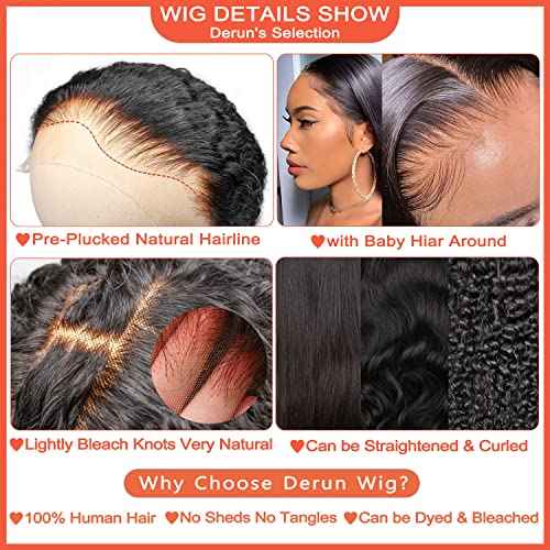 Derun 5x5 Real HD Lace Closure Wigs Human Hair 180% Density Invisible Swiss Lace Front Body Wave Pre-plucked with Baby Hair Wig for Women (30 Inch, 5¡¿5 BW)