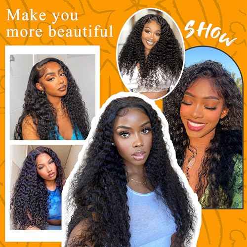 13x4 Deep Wave Lace Front Wigs Human Hair 200% Density Black Curly Human Hair Wig Long Natural Wigs for Black Women Transparent Lace Frontal Wig for Daily Wear 22 Inch
