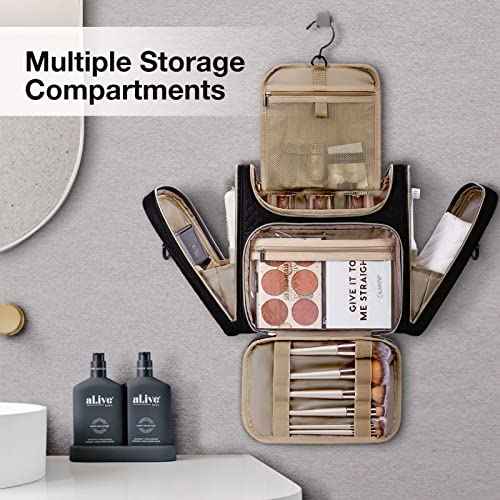 BAGSMART Toiletry Bag, Travel Toiletry Bag for Women, Water-resistant Cosmetic Makeup Bag, Large Capacity Door Room Essentials Travel Organizer for Full Sized Toiletries and Cosmetics, Black