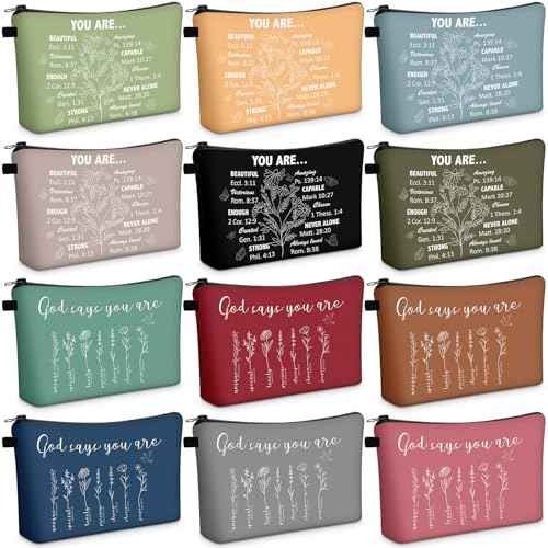 Chunful 12 Pcs Inspirational Christian Gifts Religious Makeup Bags Bulk for Women Bible Verse Flower Cosmetic Bag Thanksgiving Christmas Gift for Church Ladies, 7.48 x 4.72 Inch(Delicate)