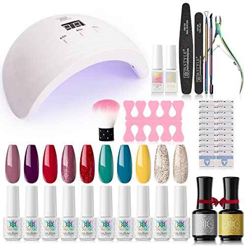 RSTYLE Gel Nail Polish Starter Kit with U V Light, 10 Colors Glitter Green Red Gold Yellow Gel Polish Kit with Base and Top Coat Manicure Tools for Home Nail Salon 5ML Tiny Bottle - Playful Life
