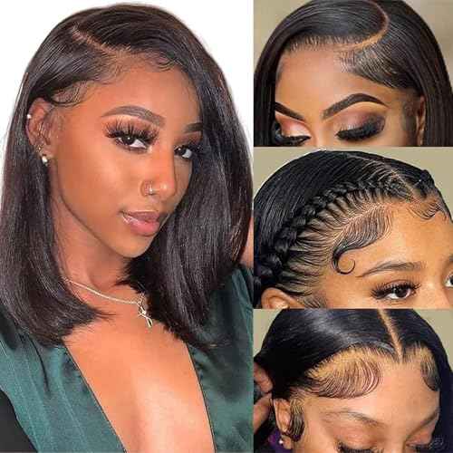 Bob Wig Human Hair Wig Short 13x4 Lace Front Wigs Human Hair Pre Plucked 14 Inch Bob Wig Short Wigs for Black Women Bob Wigs Human Hair 180% Density With Baby Hair Natural Black Straight Glueless