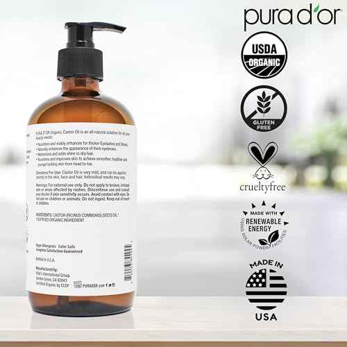 PURA D'OR 16.9 oz Organic Castor Oil (GLASS BOTTLE) Pure Cold-Pressed Hexane-Free USDA Certified ? Lashes Brows Hair Scalp Skin ? Botanical Moisturizer for Softness Strength Hydration Shine Radiance