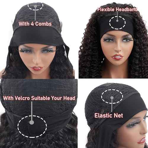 Kinky Curly Headband Wigs Curly Headband Wig Human Hair for Black Women 150% Density Headband Wig Human Hair Glueless None Lace Front Wigs Headband Half Wigs Natural Color 20Inch