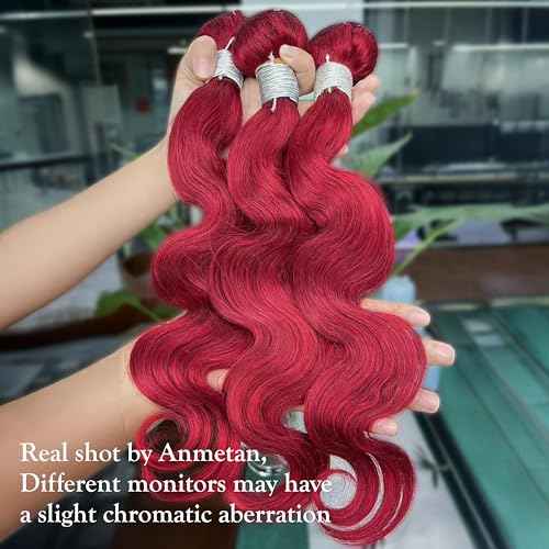 Red Burgundy Bundles Human Hair Body Wave, 12A Colored Bundles Human Hair 100% Unprocessed Remy Hair, Soft and Thick Burgundy Cherry Red 99J Single Wavy Sew in Quick Weave Double Weft 12 Inch