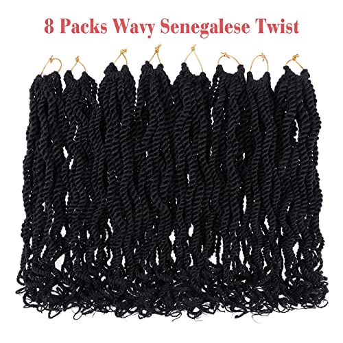 Leeven 6 Inch Senegalese Twist Crochet Hair with Curly Ends, 8 Packs Black Pre Looped 2 Strand Short Twist Hair, Wavy Small Hanava Twist, Synthetic Crochet Braids for Women Girl Kids