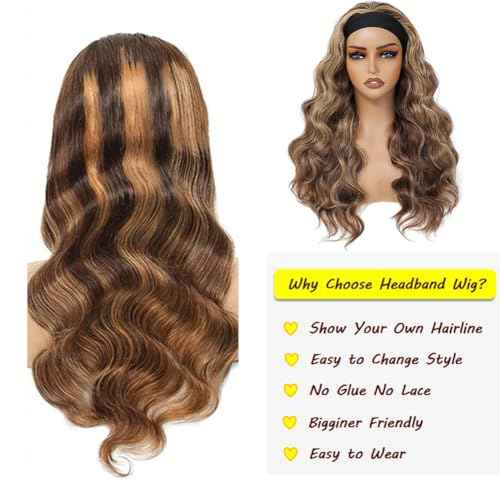 Headband Wigs for Black Women Human Hair 24 Inch Glueless Body Wave Headband Wig Human Hair 100% Brazilian Virgin Hair Machine Made Head band Wig 150% Density