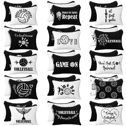 Irenare 30 Pcs Volleyball Cosmetic Bag Gifts for Women Stuff Volleyball Players Teams Travel Pouch Canvas Makeup Bags for Team Gifts(Black, White,Volleyball)