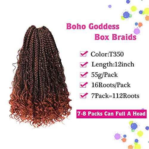 12inch Goddess Box Braids Crochet Hair Box Braids Crochet Hair For Black Women Pre Looped Crochet Hair with Curly Ends Bohemian Crochet Box Braids Crochet Hair(12inch(Pack of 7), T350)