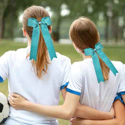 DEEKA 12 PCS Glitter Collegiate Style Cheer Bows Long Tail Full Rhinestones Skinny Shiny Cheer Bow Ponytail Holder Handmade Bows for Girls Teens Cheerleader Sports -Teal