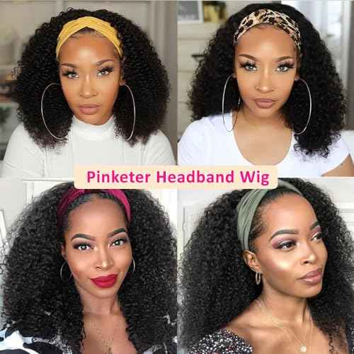 Headband Wig Human Hair Kinky Curly None Lace Front Wig 150% Density Glueless Wigs for Black Women Natural Color (Headband Wig, 18inch)
