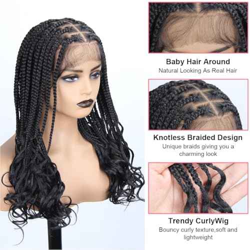 18 Inch Braided Wigs With Curly Ends, 360 Single Full Lace French Curl Braided Wigs for Black Women Knotless Box Braid Wig with Baby's Hair