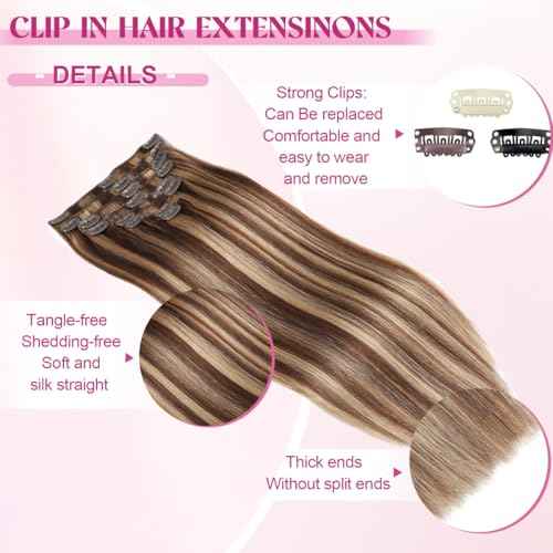 Clip in Hair Extensions Real Human Hair, Remy Human Hair Extensions Clip ins for Women, 100% Natural Human Hair, Double Weftm, 24inch 120g 8Pcs, #4/27 Chocolate Brown to Honey Blonde