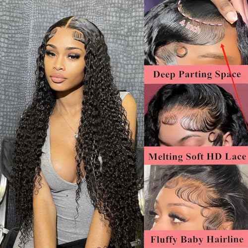 Water Wave Lace Front Wigs Human Hair 13x4 HD Transparent Lace Frontal Wigs Human Hair Pre Plucked 180% Density Water Wave Wig for Black Women Natural Color 30 Inch