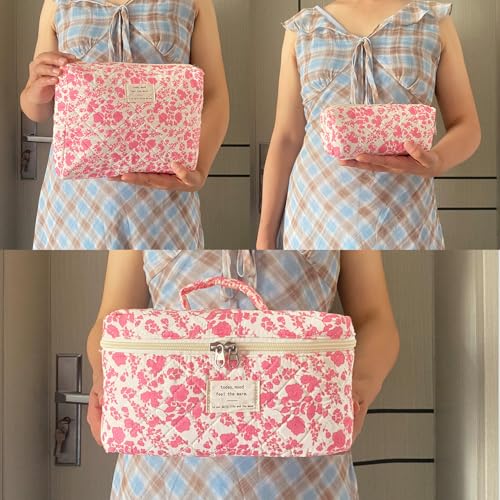 Pink Large Quilted Floral Makeup Bag Set of 3 Cute Coquette Aesthetic Cosmetic Bag Set Travel Toiletry Bag for Women
