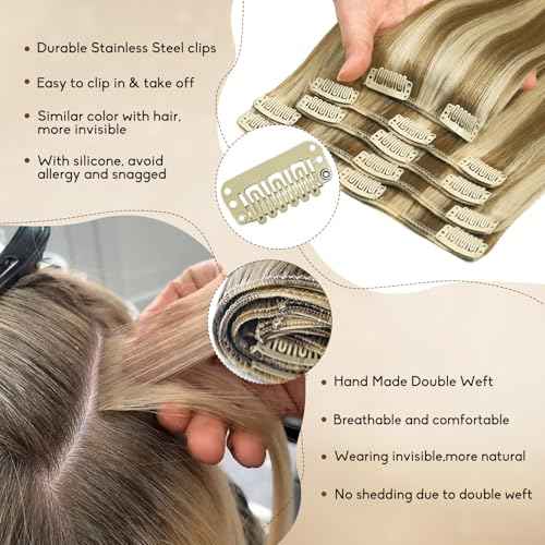 Clip in Hair Extensions Real Human Hair 20Inch 8pcs 105g Seamless Balayage Blonde Hair Extensions Clip Ins Double Weft Light Blonde Highlight Golden Blonde Invisible Straight Remy Human Hair for Women